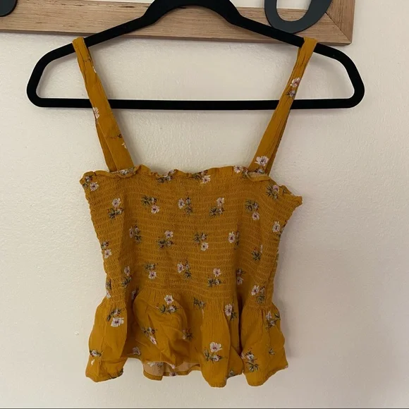 American Eagle smocked waist sleeveless crop top - golden yellow floral print - Picture 2 of 9